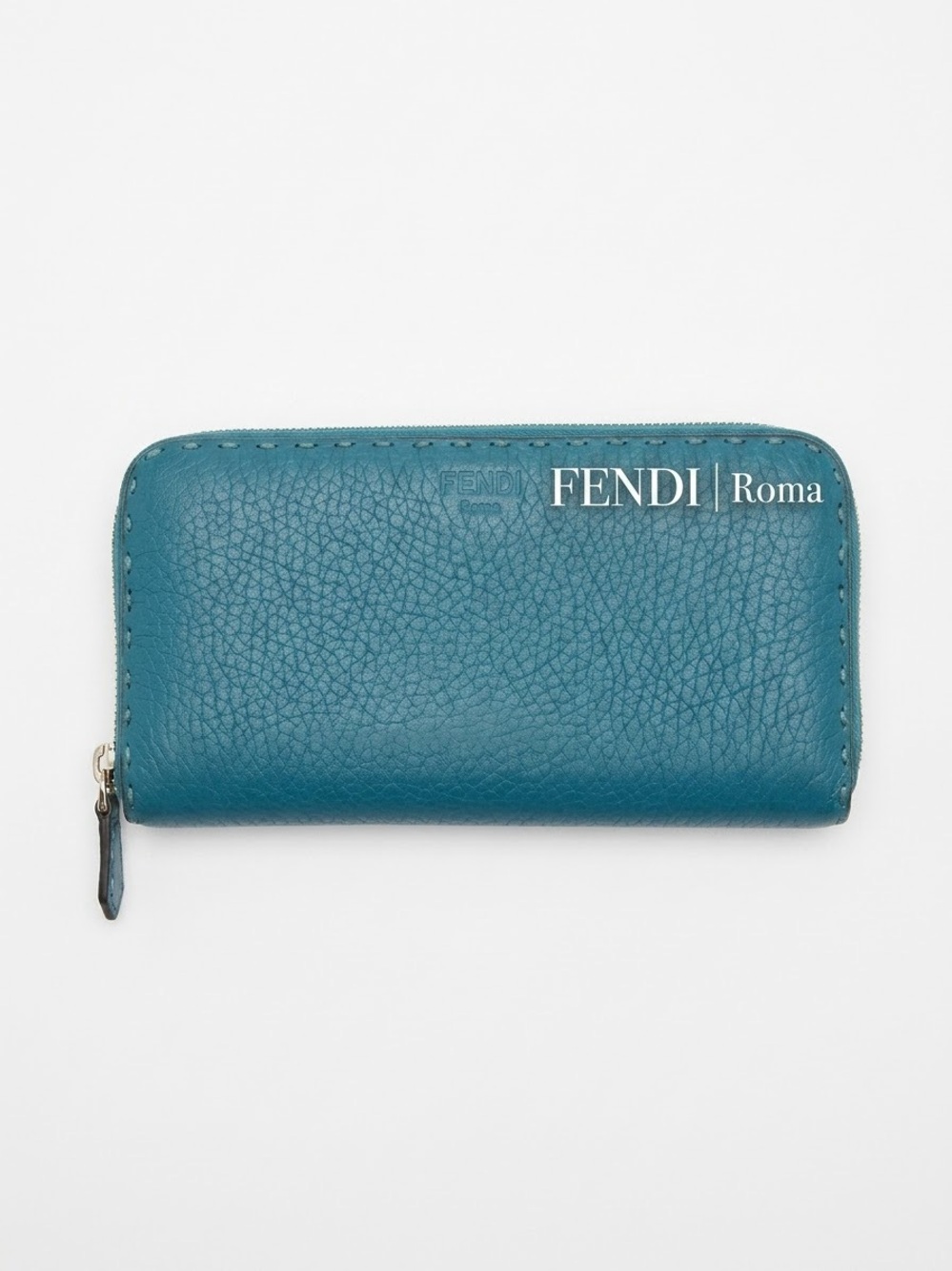 Fendi Selleria Roman Leather Large Zip around wallet. Teal/Peacock Blue